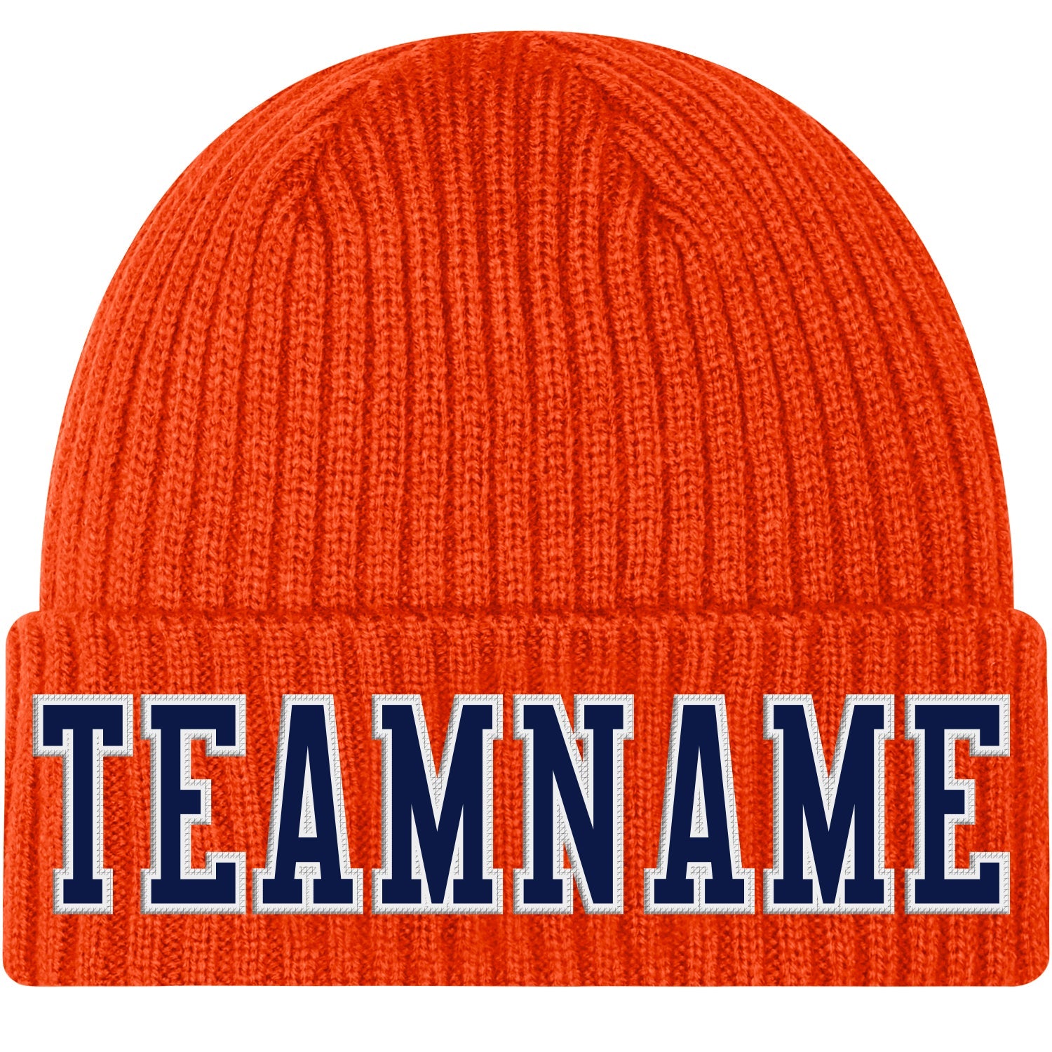 Custom Orange Navy-White Stitched Cuffed Knit Hat - Main View