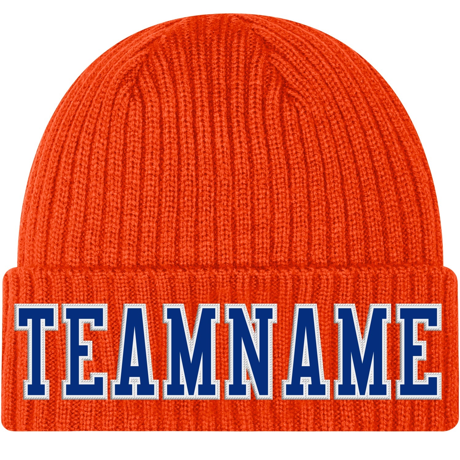 Custom Orange Royal-White Stitched Cuffed Knit Hat - Main View