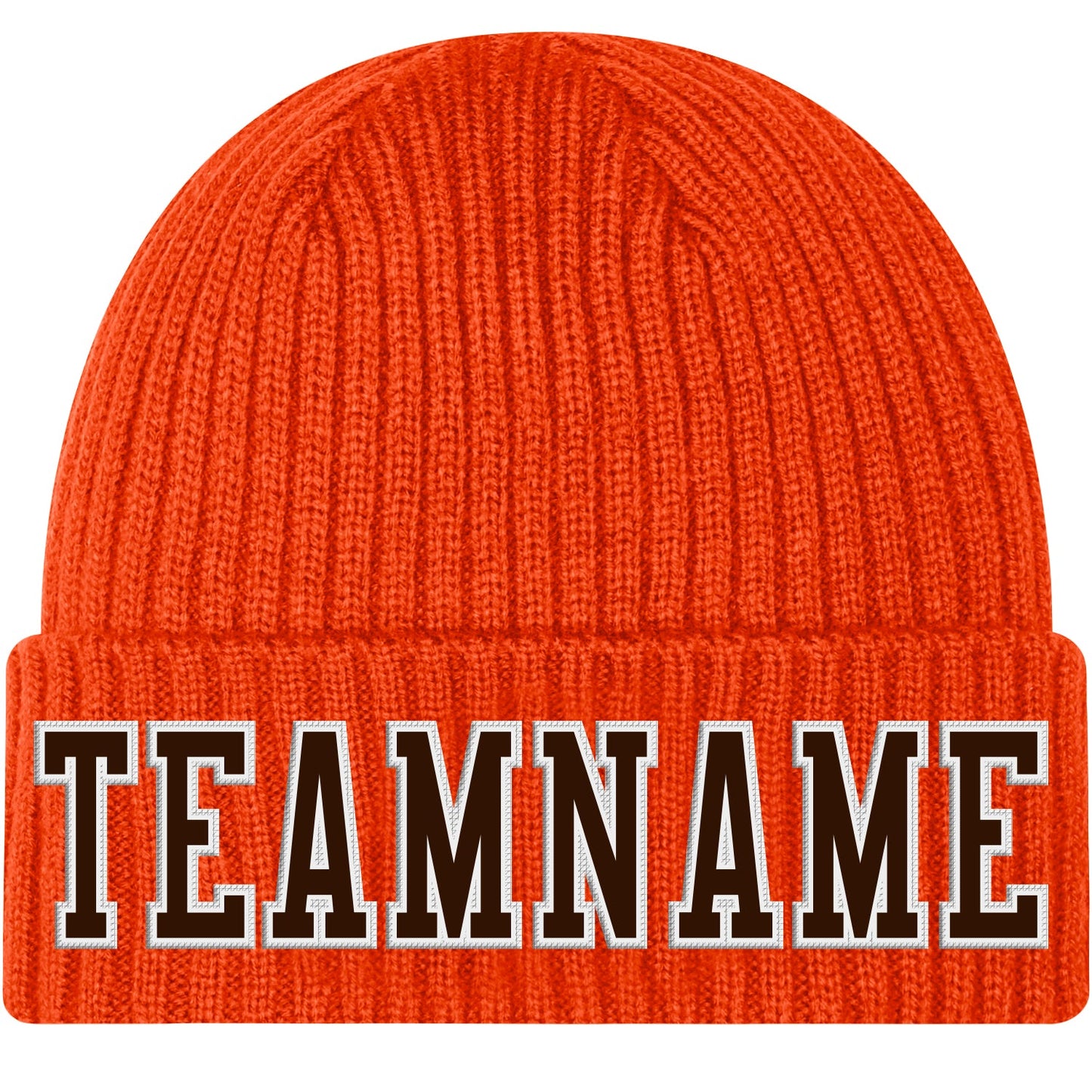Custom Orange Brown-White Stitched Cuffed Knit Hat - Main View