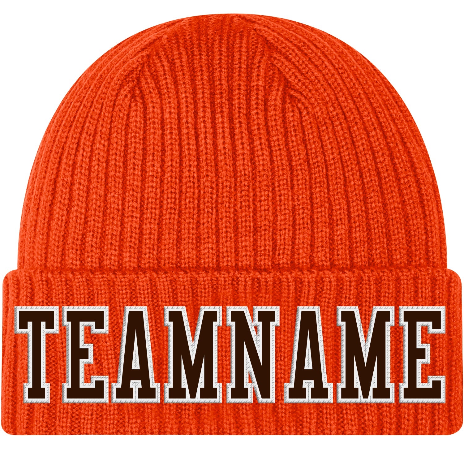 Custom Orange Brown-White Stitched Cuffed Knit Hat - Main View