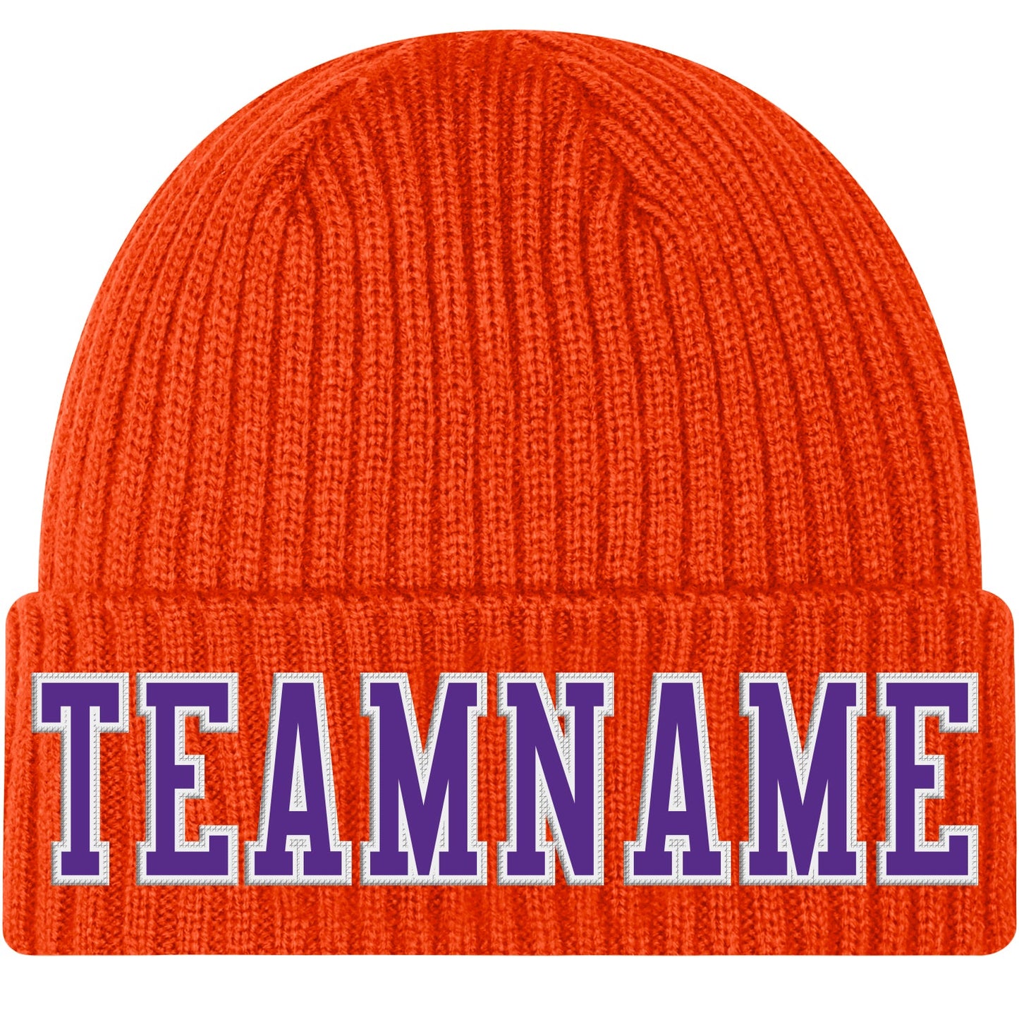 Custom Orange Purple-White Stitched Cuffed Knit Hat - Main View