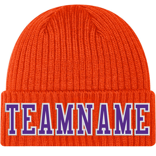 Custom Orange Purple-White Stitched Cuffed Knit Hat - Main View