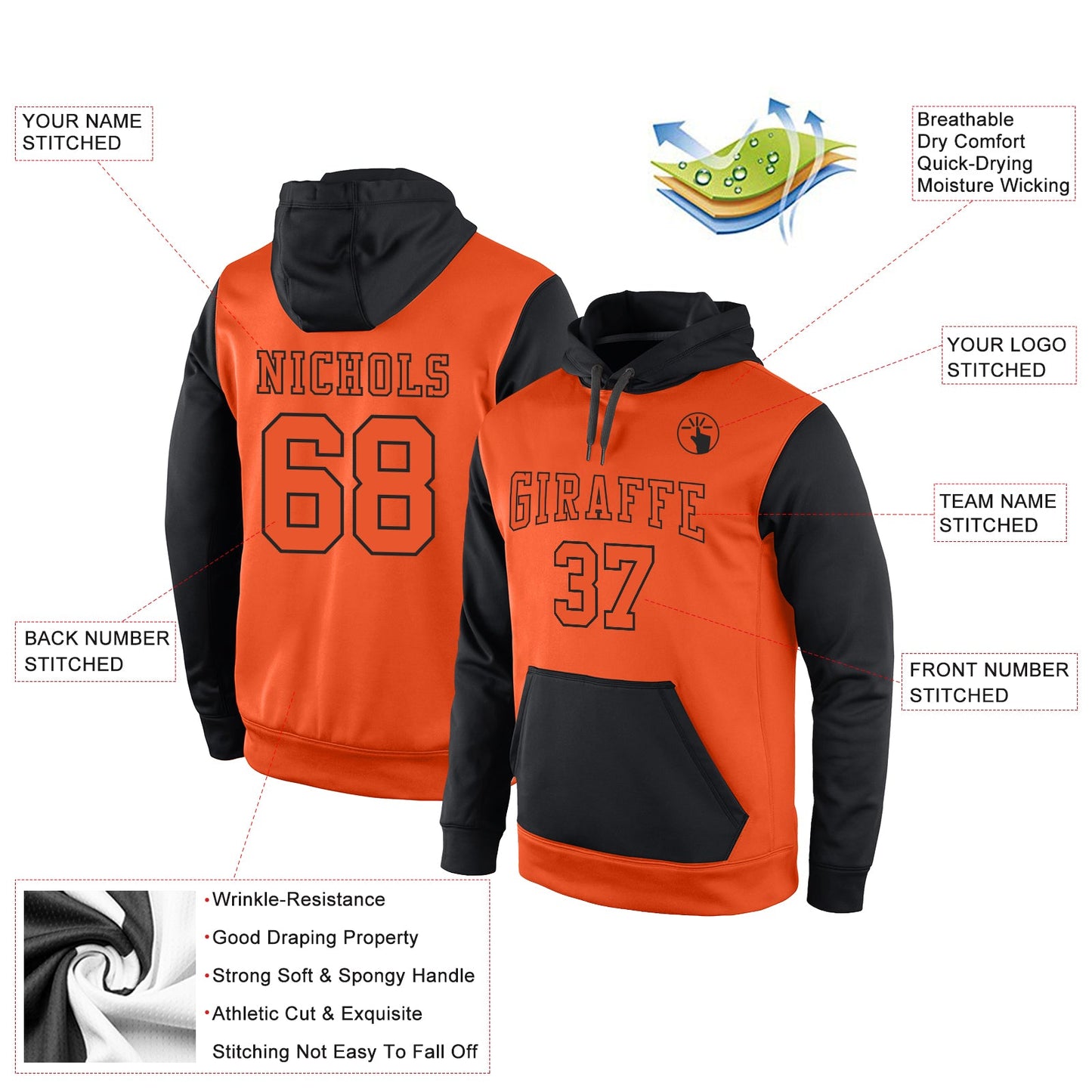 Custom Stitched Orange Orange-Black Sports Pullover Sweatshirt Hoodie view 2