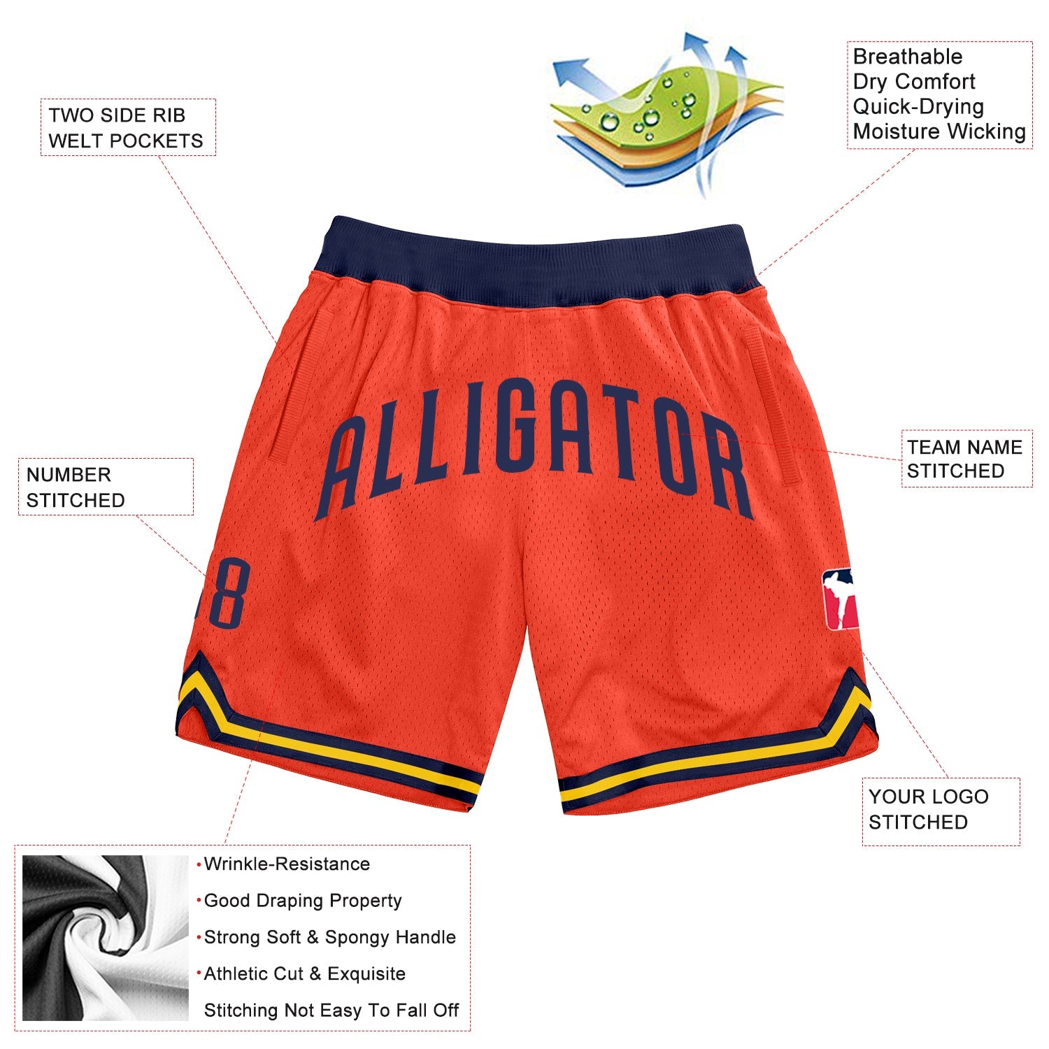 Custom Orange Navy-Gold Authentic Throwback Basketball Shorts view 2