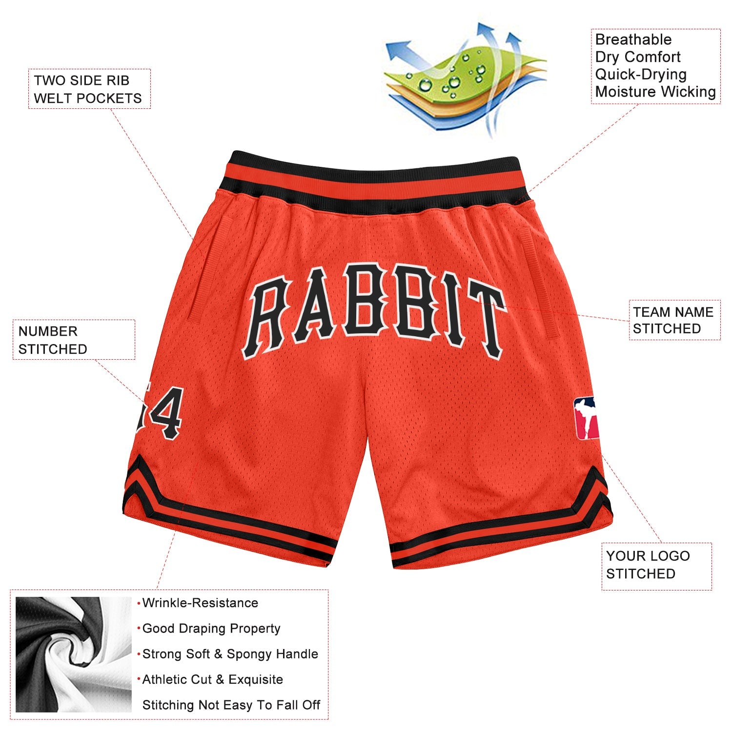Custom Orange Black-White Authentic Throwback Basketball Shorts view 2