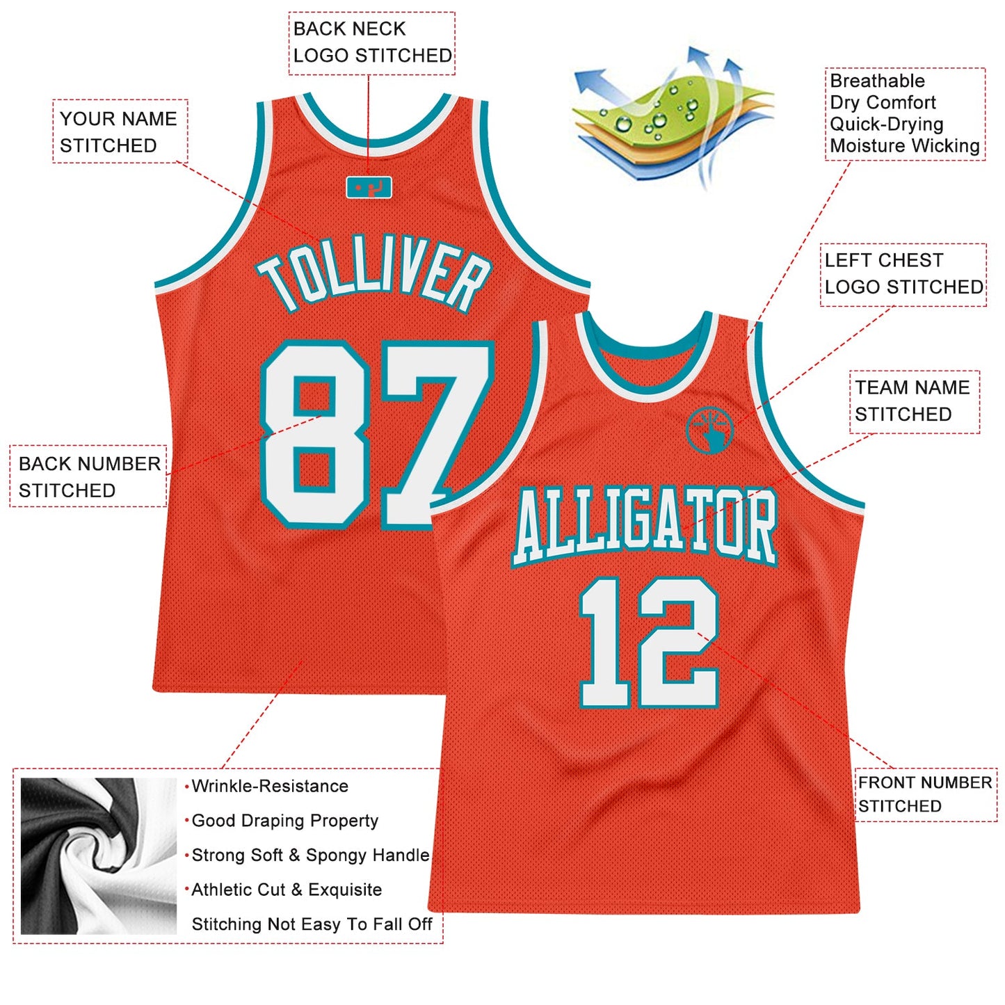 Custom Orange White-Teal Authentic Throwback Basketball Jersey view 2