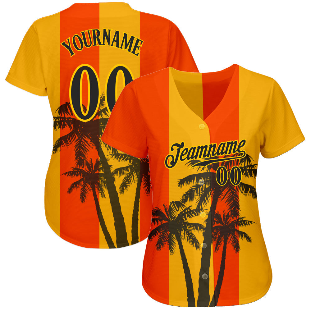 Custom Orange Black-Gold 3D Pattern Design Hawaii Coconut Trees Authentic Baseball Jersey view 2