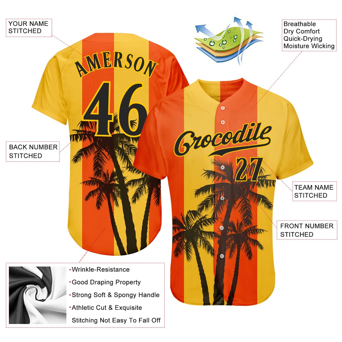 Custom Orange Black-Gold 3D Pattern Design Hawaii Coconut Trees Authentic Baseball Jersey view 3