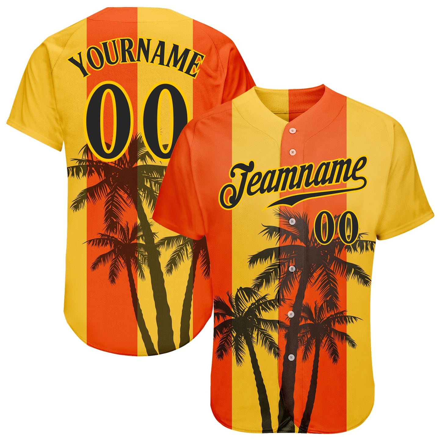 Custom Orange Black-Gold 3D Pattern Design Hawaii Coconut Trees Authentic Baseball Jersey - Main View