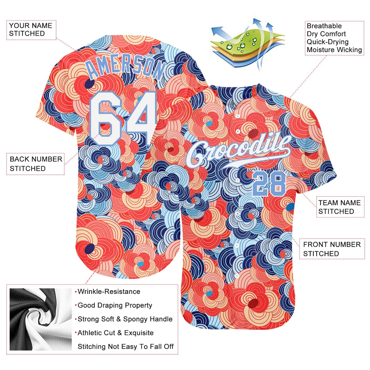 Custom Orange White-Light Blue 3D Pattern Design Flowers Authentic Baseball Jersey view 3