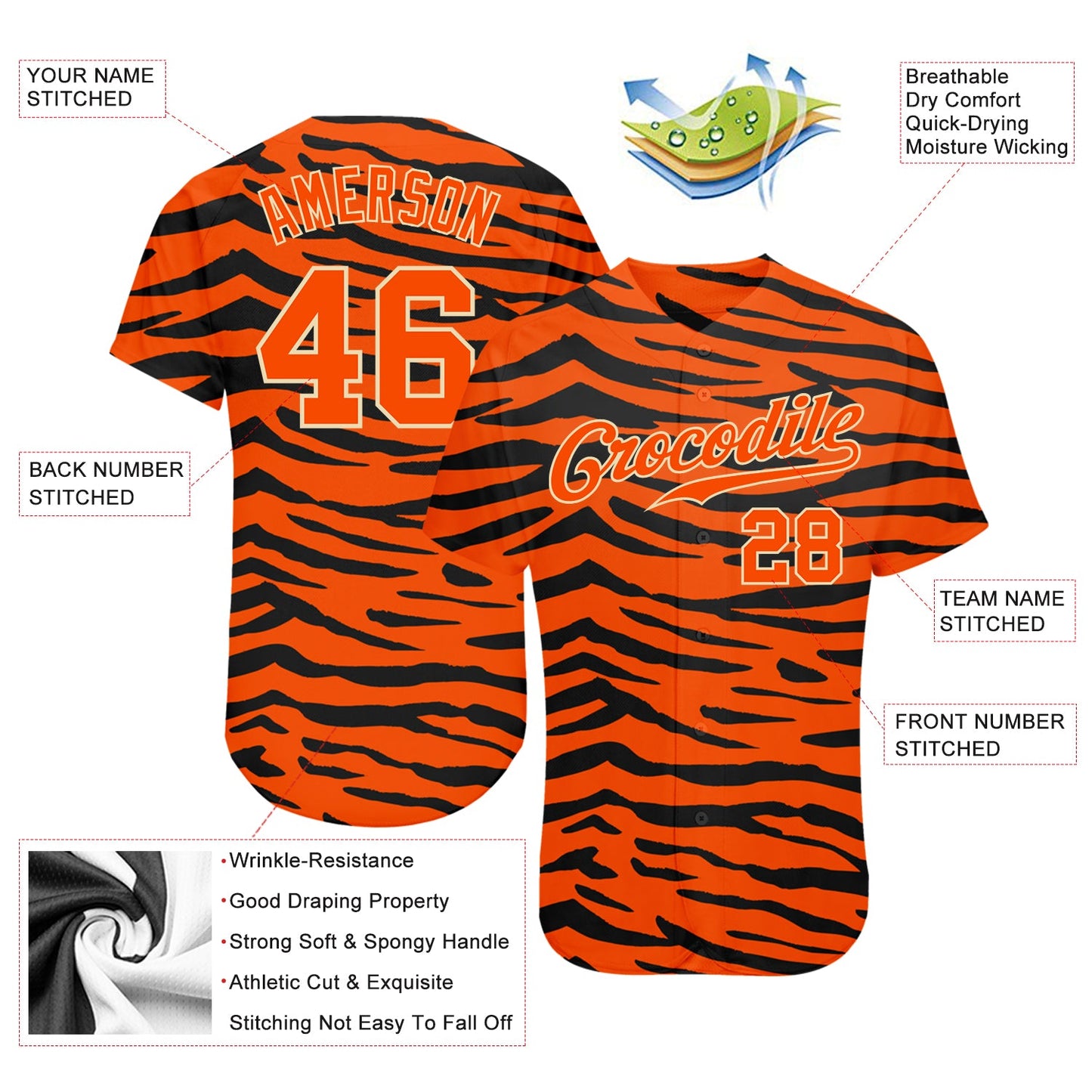 Custom Orange Orange-Black 3D Pattern Design Tiger Authentic Baseball Jersey view 3