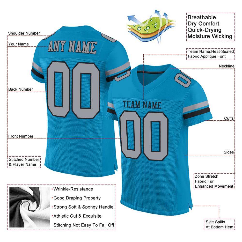Custom Panther Blue Light Gray-Black Mesh Authentic Football Jersey view 4
