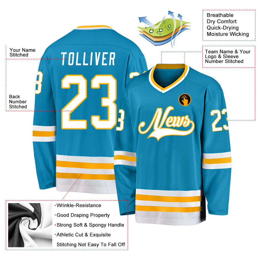 Custom Panther Blue White-Gold Hockey Jersey view 4
