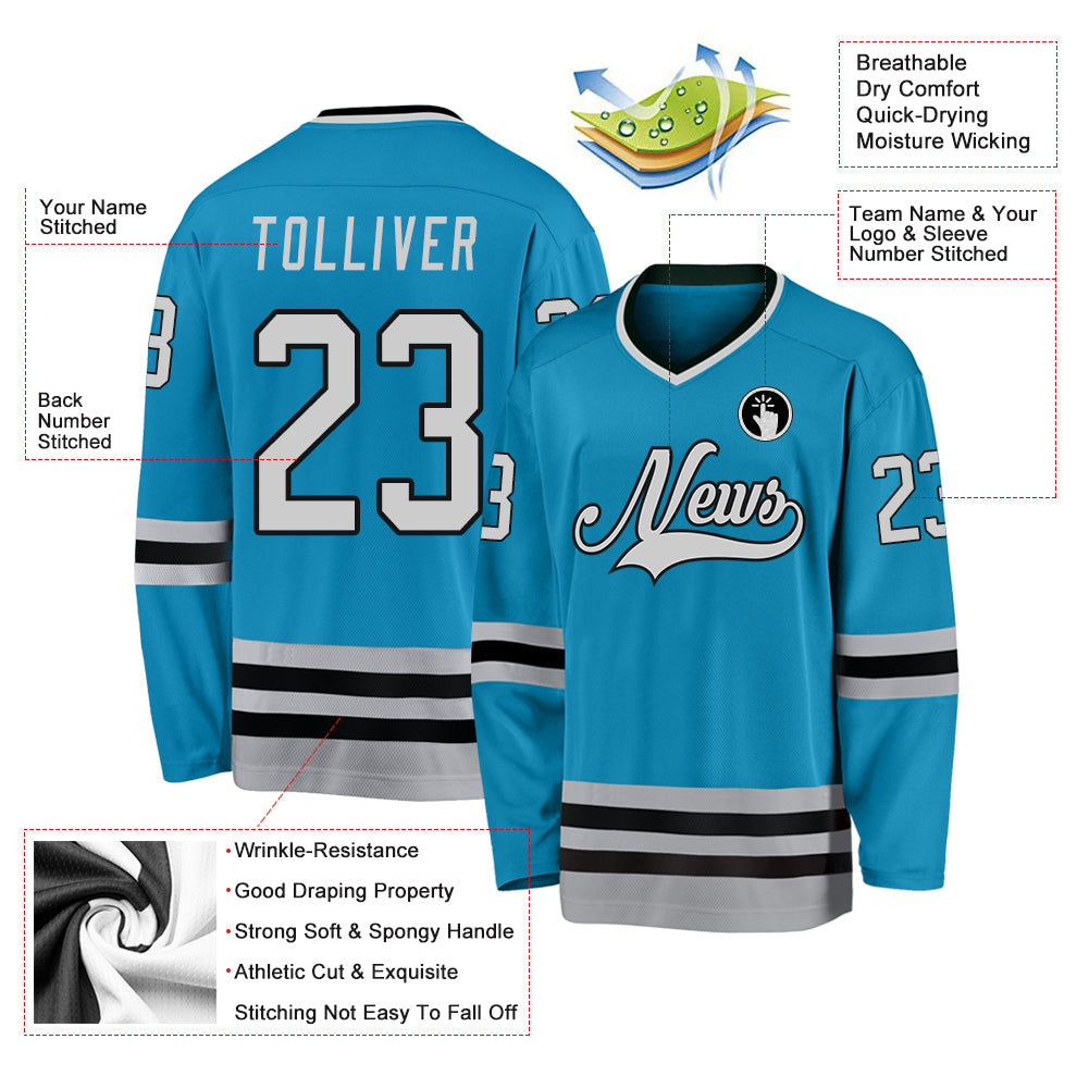 Custom Panther Blue Gray-Black Hockey Jersey view 4