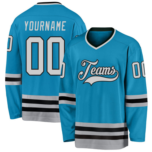 Custom Panther Blue Gray-Black Hockey Jersey - Main View