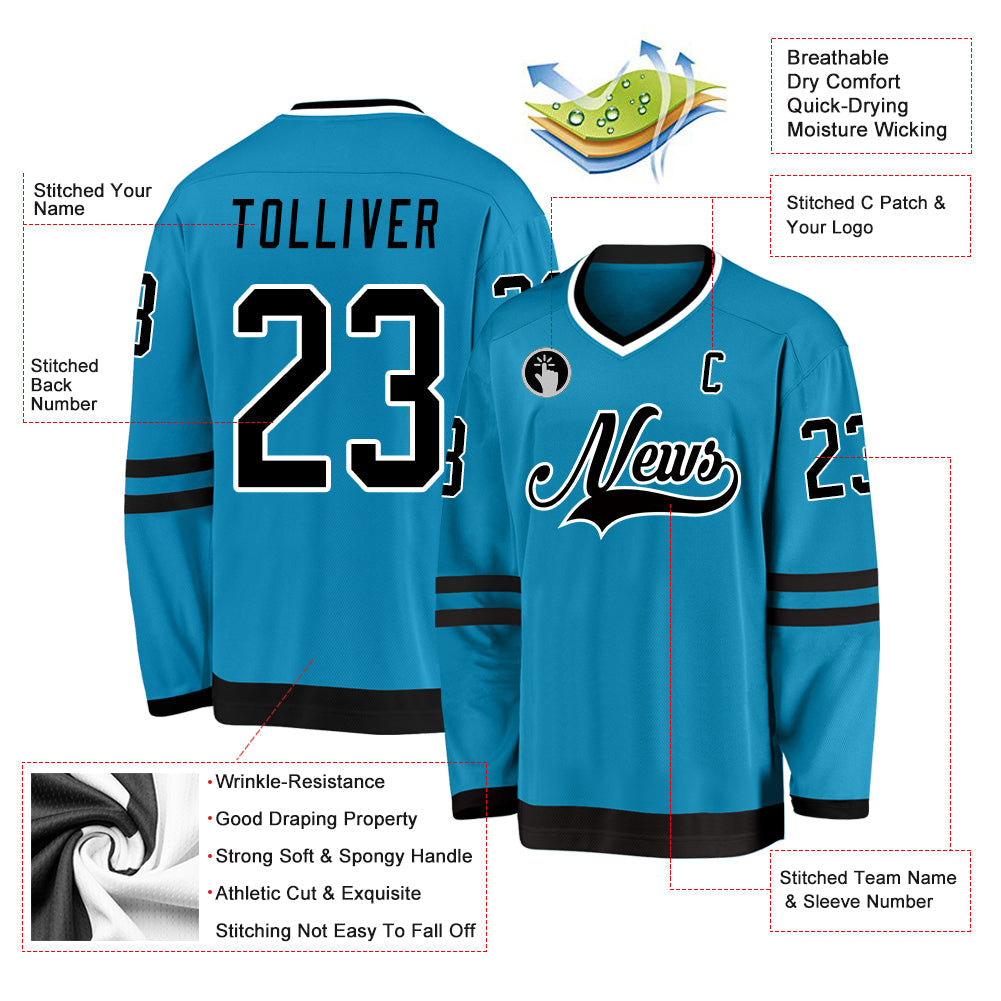 Custom Panther Blue Black-White Hockey Jersey view 2