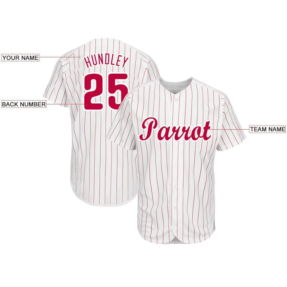 Custom White Red Pinstripe Red-White Baseball Jersey view 3