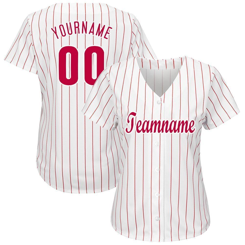 Custom White Red Pinstripe Red-White Baseball Jersey view 2