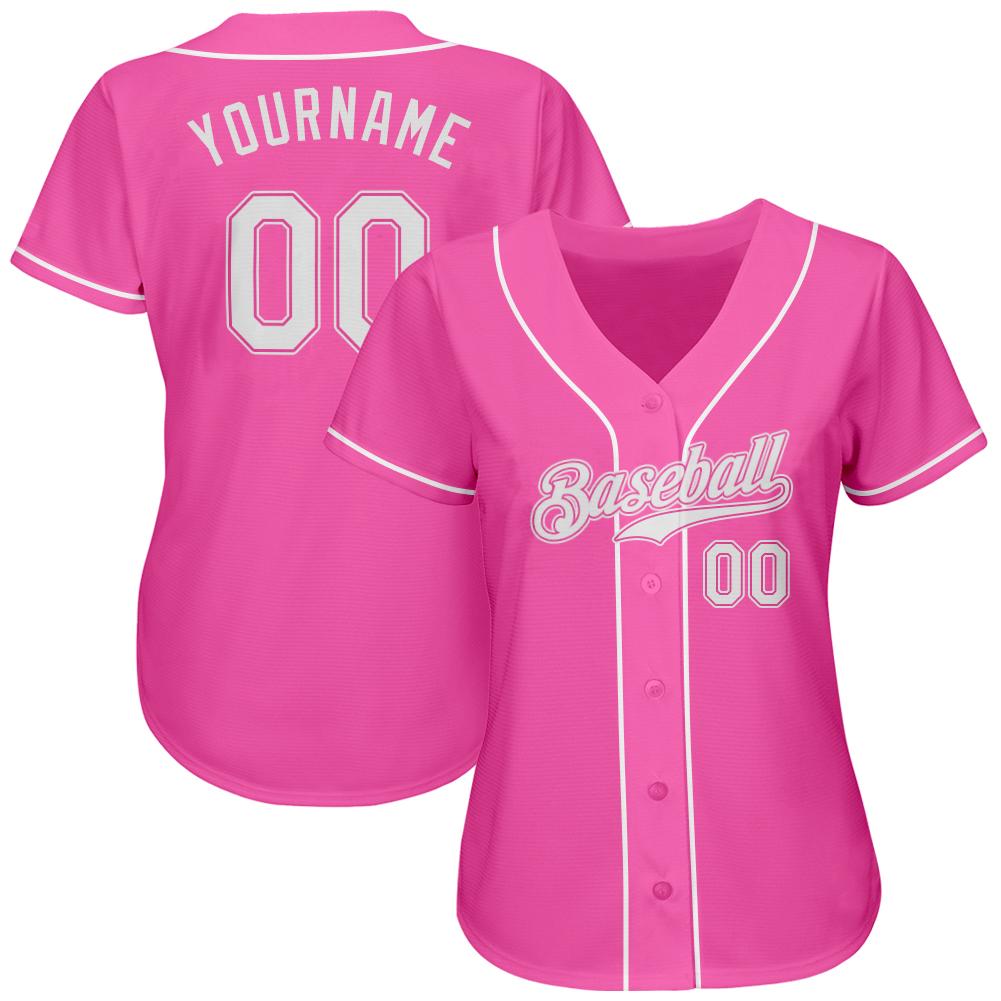Custom Pink White Authentic Baseball Jersey view 3