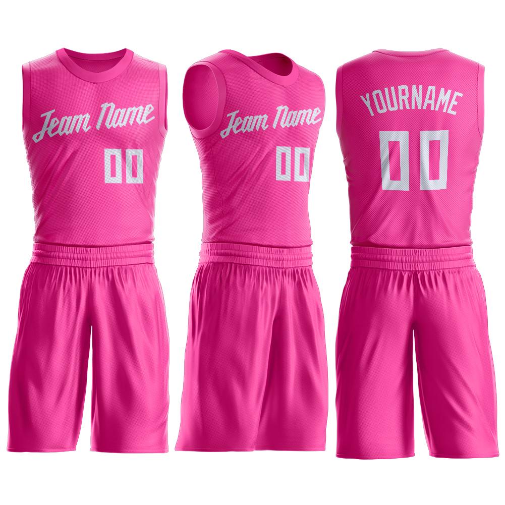 Custom Pink White Round Neck Basketball Uniform Jersey view 2