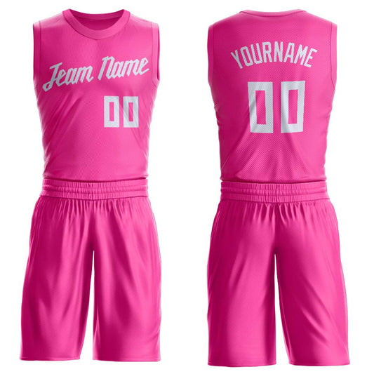 Custom Pink White Round Neck Basketball Uniform Jersey - Main View