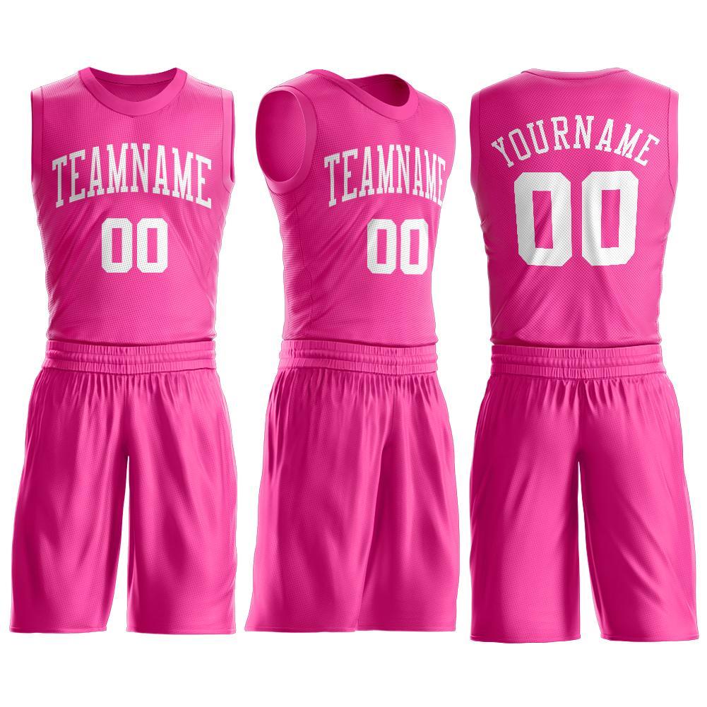 Custom Pink White Round Neck Basketball Uniform Jersey view 2