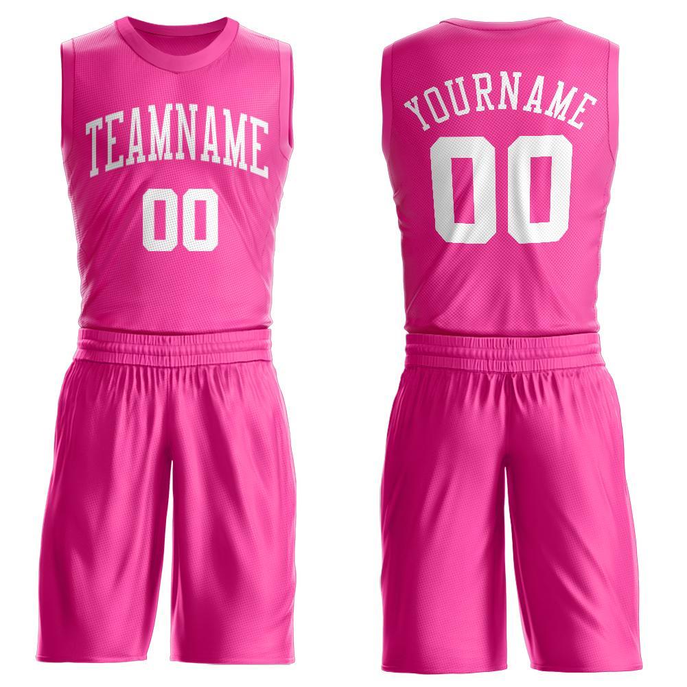 Custom Pink White Round Neck Basketball Uniform Jersey - Main View