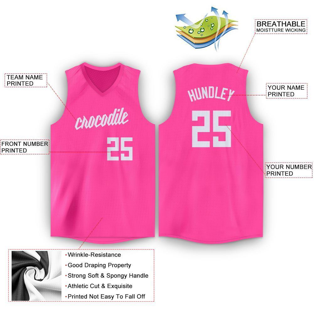 Custom Pink White V-Neck Basketball Jersey view 2