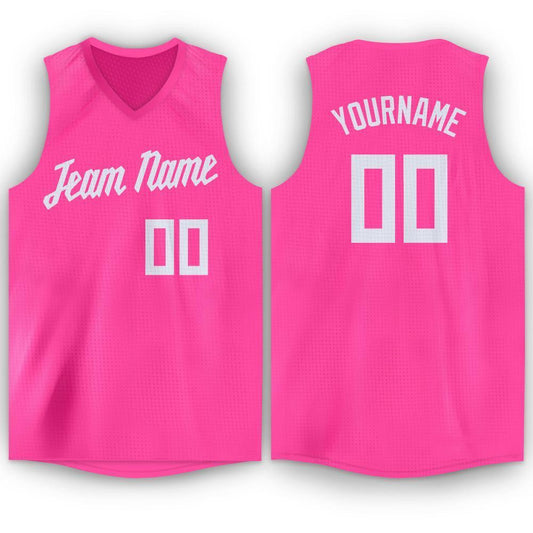 Custom Pink White V-Neck Basketball Jersey - Main View