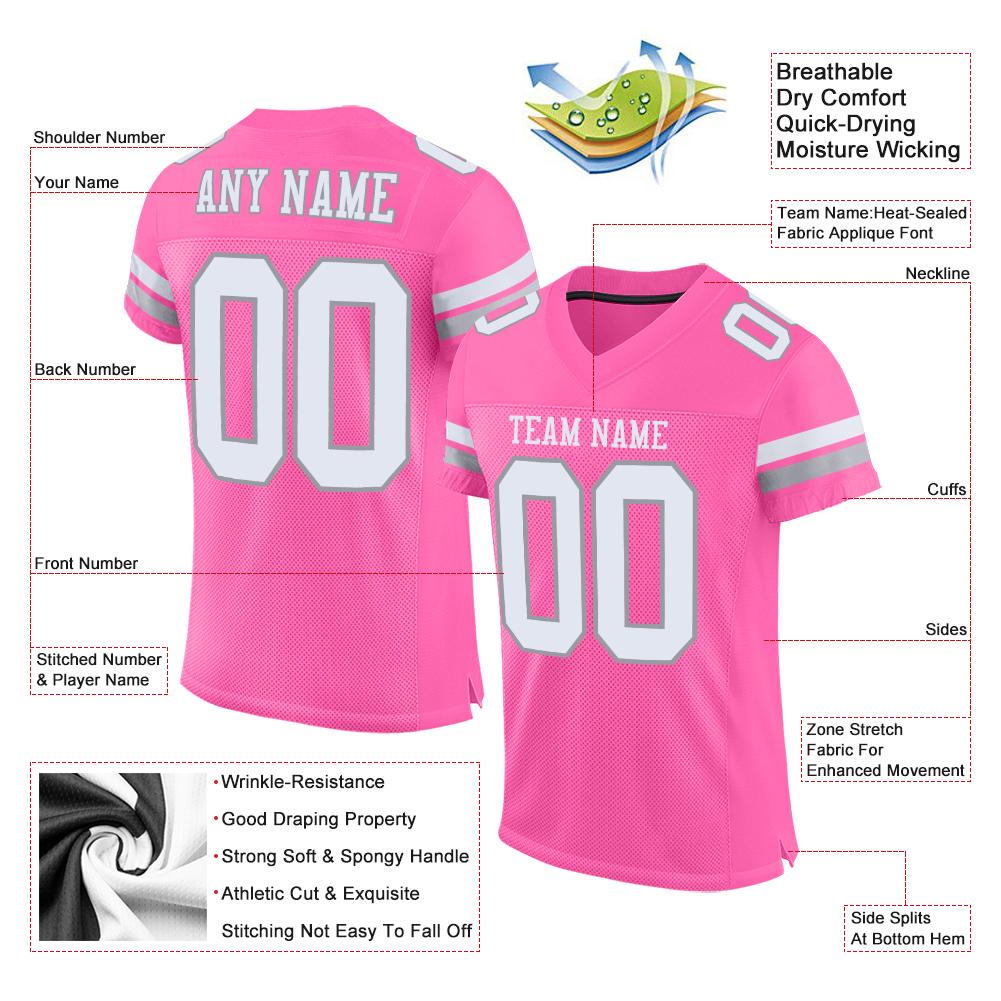 Custom Pink White-Light Gray Mesh Authentic Football Jersey view 4