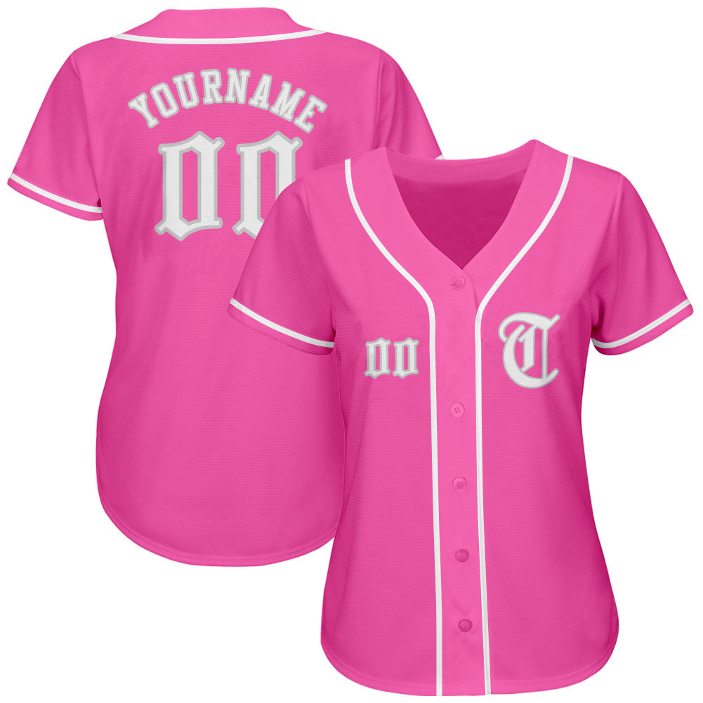 Custom Pink White-Gray Authentic Baseball Jersey view 2