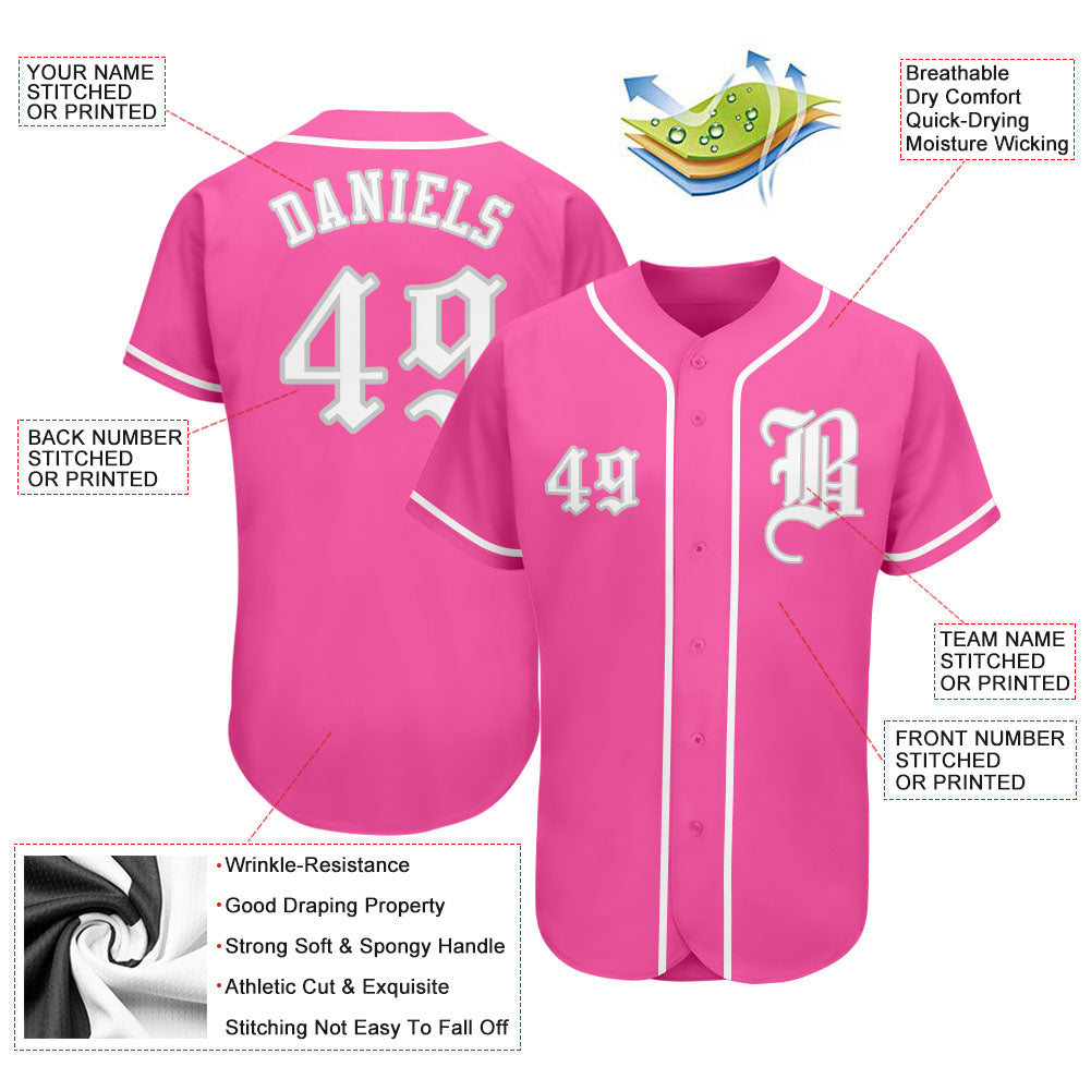 Custom Pink White-Gray Authentic Baseball Jersey view 3