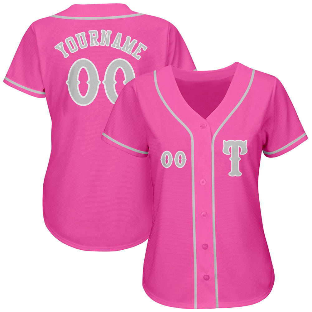 Custom Pink Gray-White Authentic Baseball Jersey view 2