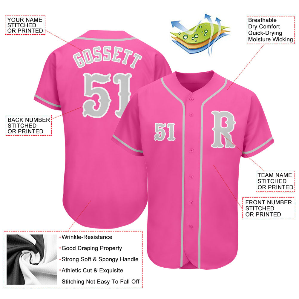 Custom Pink Gray-White Authentic Baseball Jersey view 3