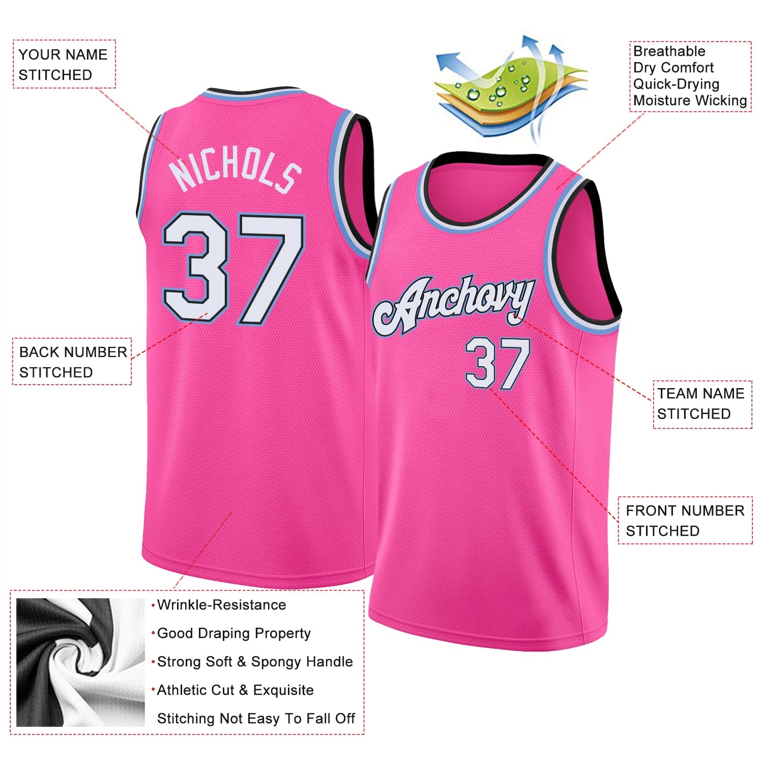 Custom Pink White-Light Blue Round Neck Rib-Knit Basketball Jersey view 3