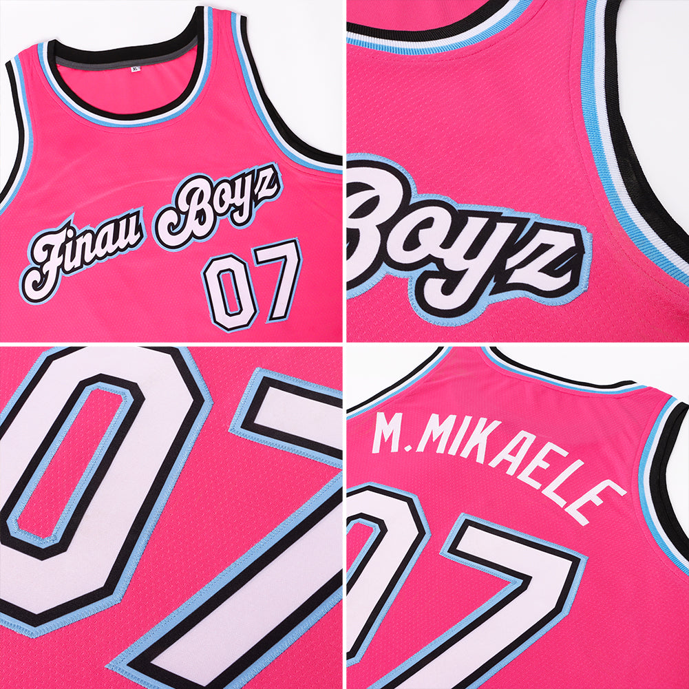 Custom Pink White-Light Blue Round Neck Rib-Knit Basketball Jersey view 2