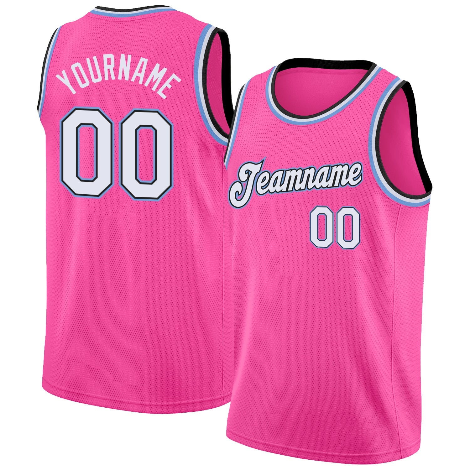Custom Pink White-Light Blue Round Neck Rib-Knit Basketball Jersey - Main View
