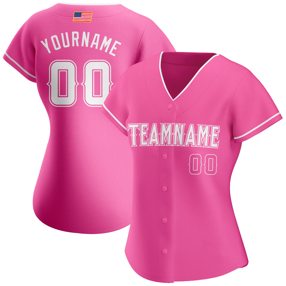 Custom Pink White Authentic American Flag Fashion Baseball Jersey view 2