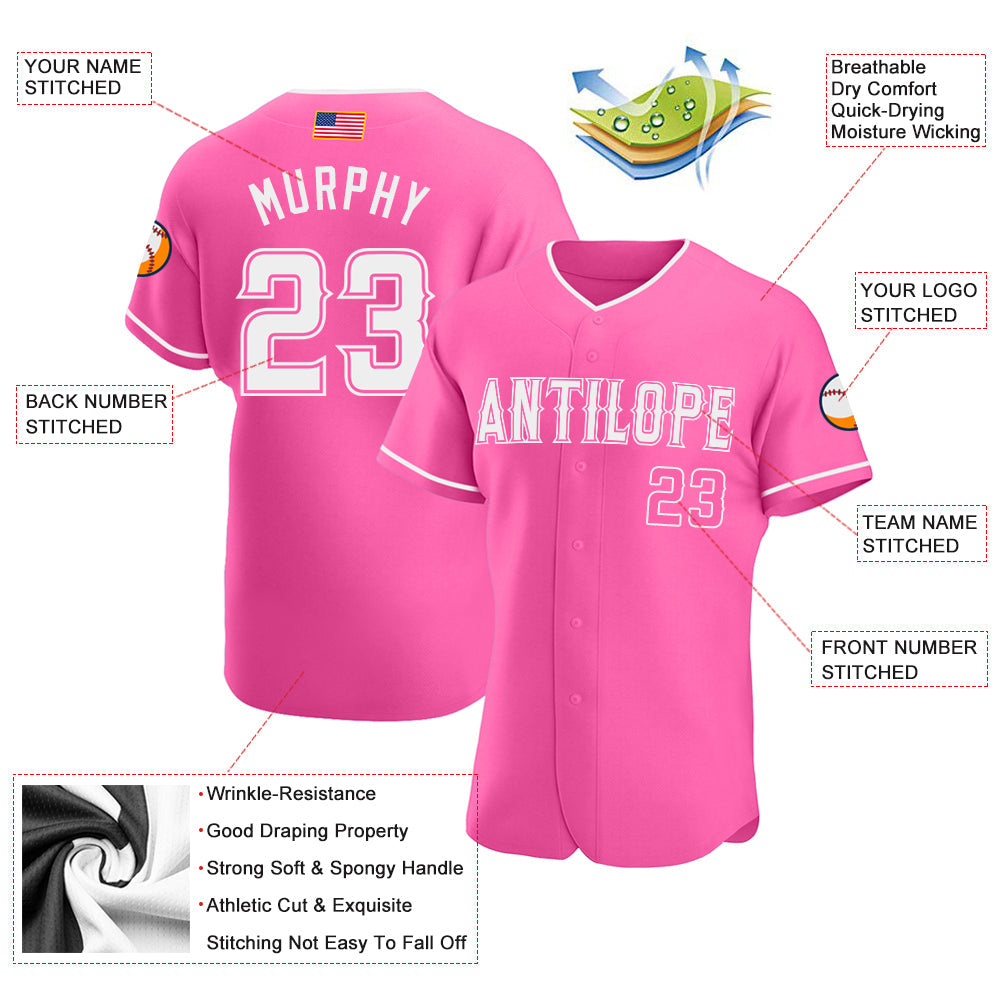 Custom Pink White Authentic American Flag Fashion Baseball Jersey view 3