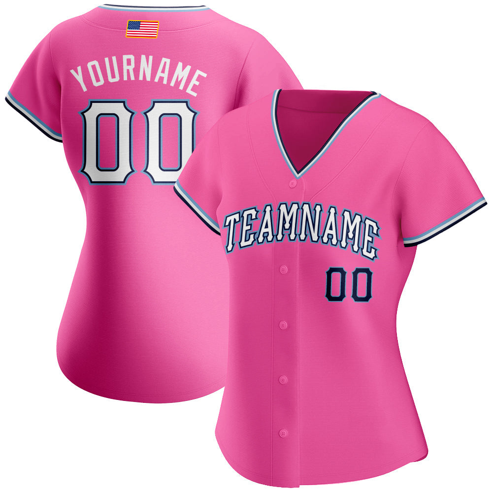 Custom Pink White-Light Blue Authentic American Flag Fashion Baseball Jersey view 2