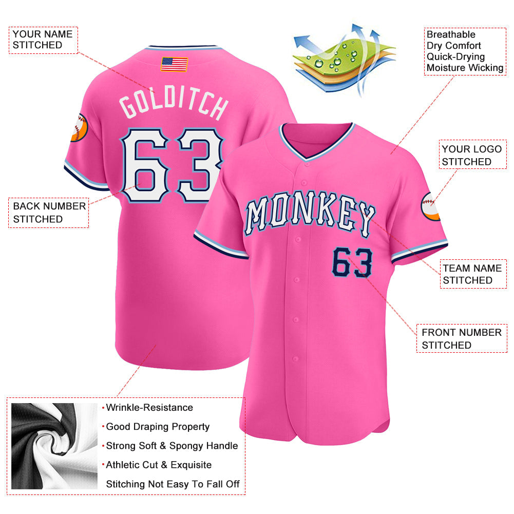Custom Pink White-Light Blue Authentic American Flag Fashion Baseball Jersey view 3