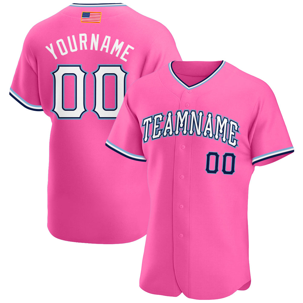 Custom Pink White-Light Blue Authentic American Flag Fashion Baseball Jersey - Main View