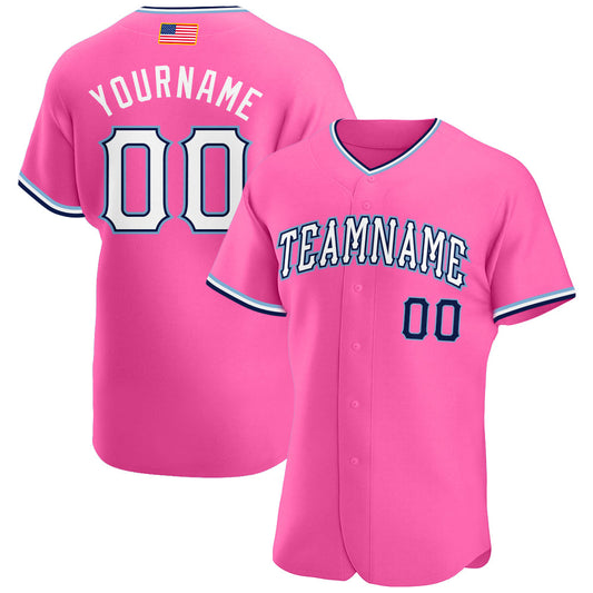 Custom Pink White-Light Blue Authentic American Flag Fashion Baseball Jersey - Main View