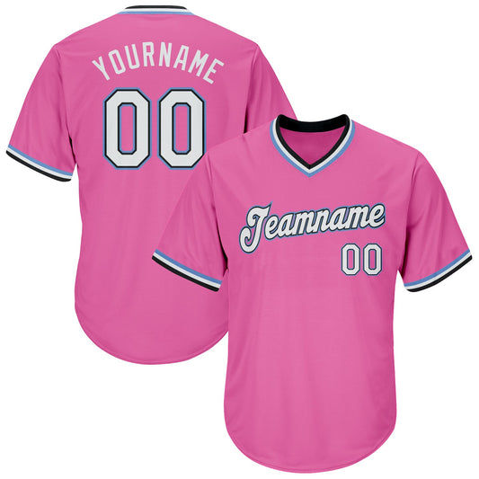 Custom Pink White-Light Blue Authentic Throwback Rib-Knit Baseball Jersey Shirt - Main View