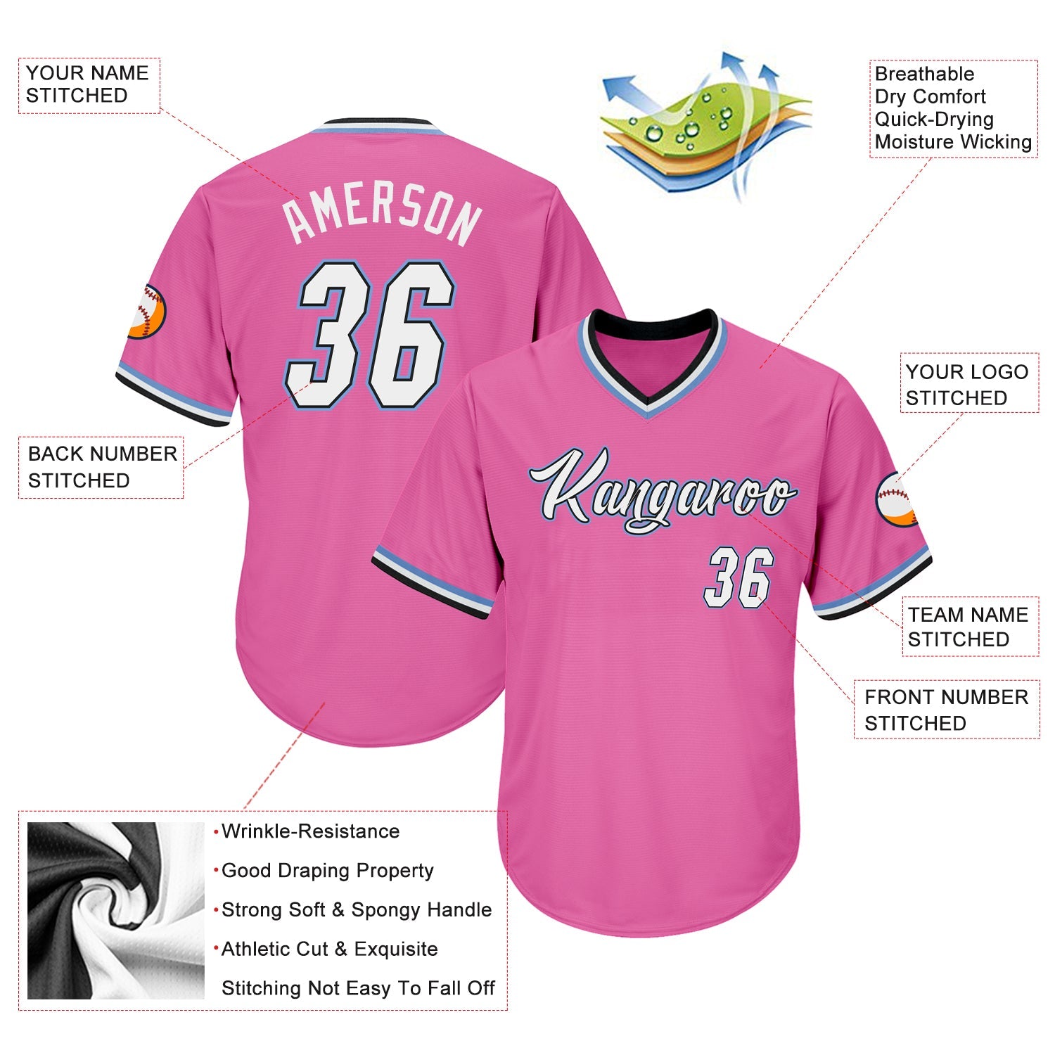 Custom Pink White-Light Blue Authentic Throwback Rib-Knit Baseball Jersey Shirt view 4