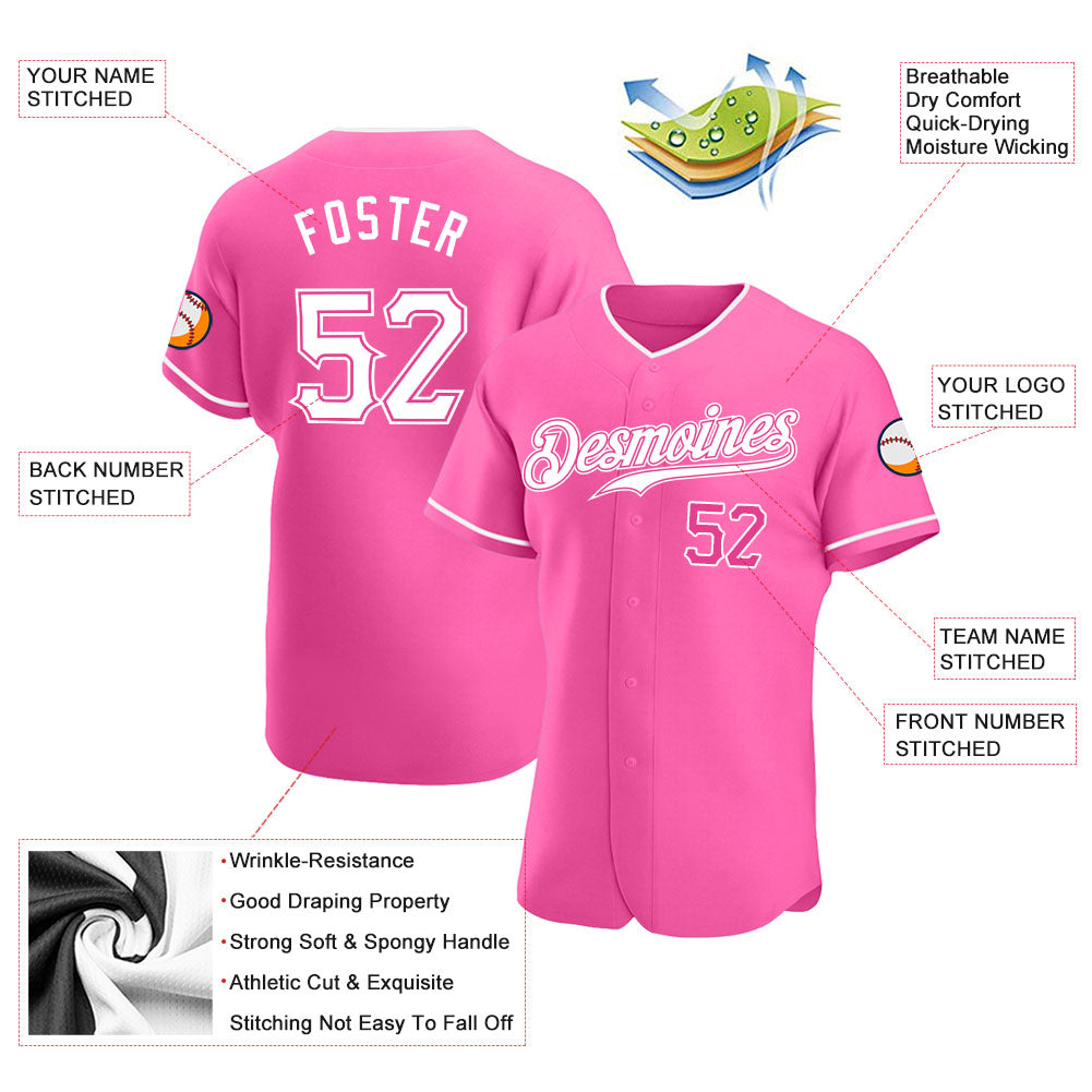 Custom Pink White Authentic Baseball Jersey view 3