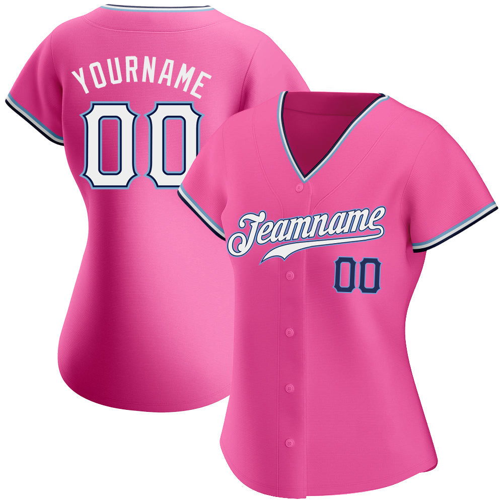 Custom Pink White-Navy Authentic Baseball Jersey view 2