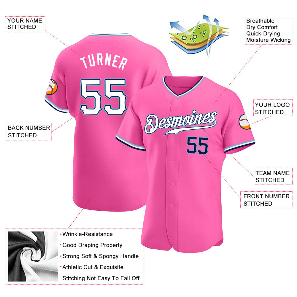 Custom Pink White-Navy Authentic Baseball Jersey view 3