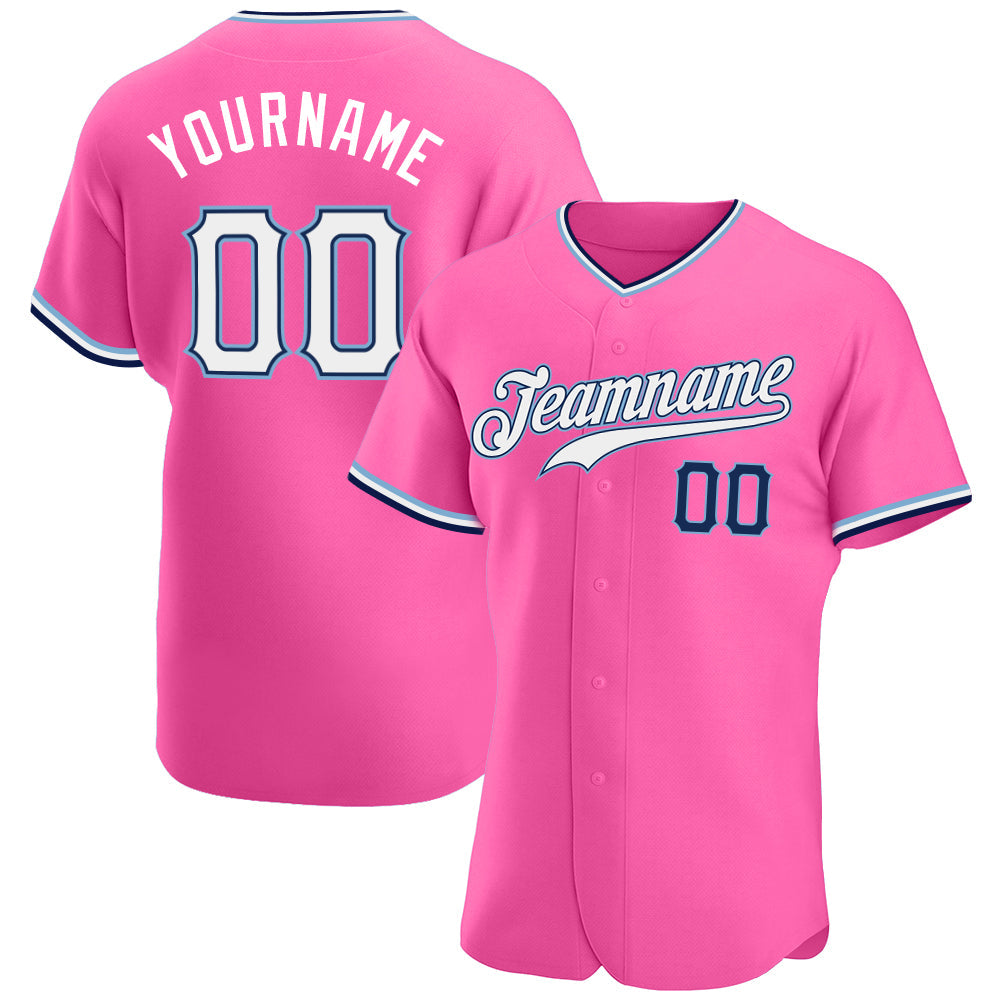 Custom Pink White-Navy Authentic Baseball Jersey - Main View