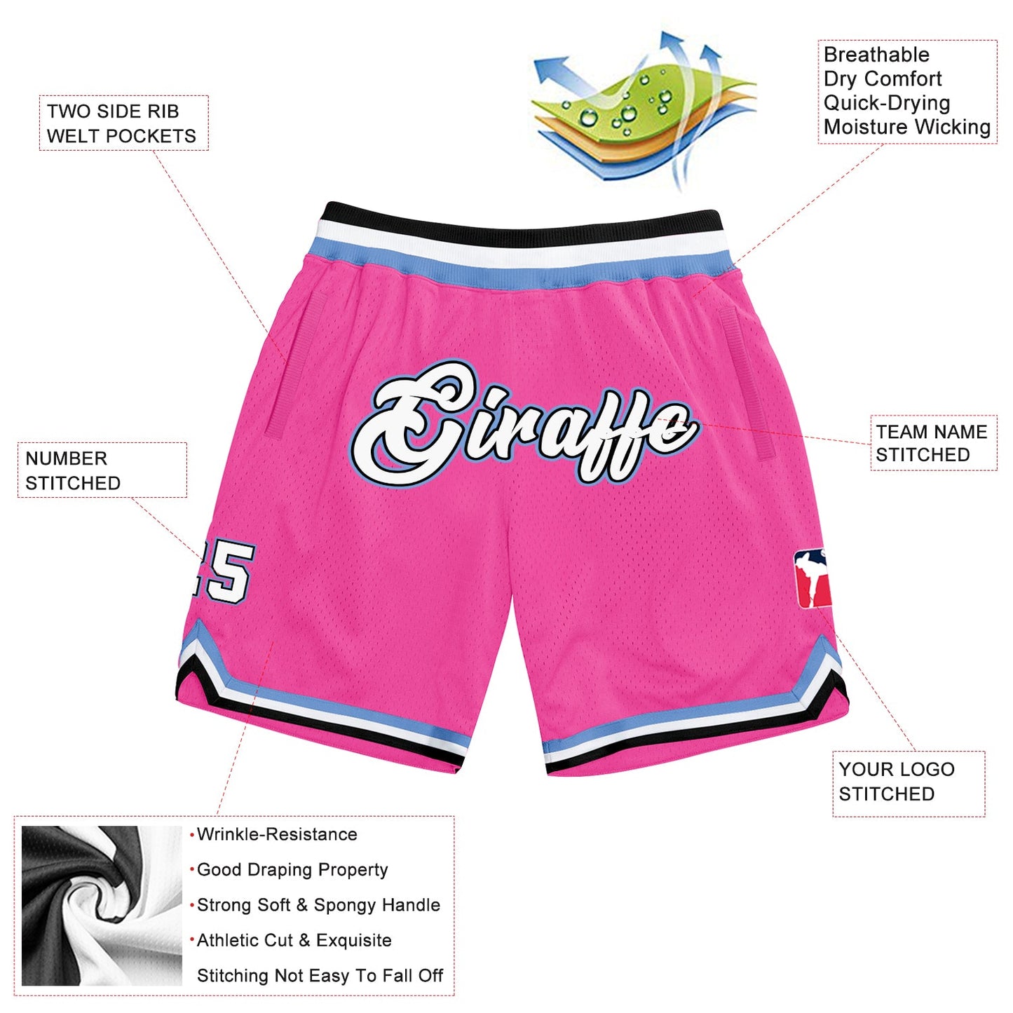 Custom Pink White-Light Blue Authentic Throwback Basketball Shorts view 2